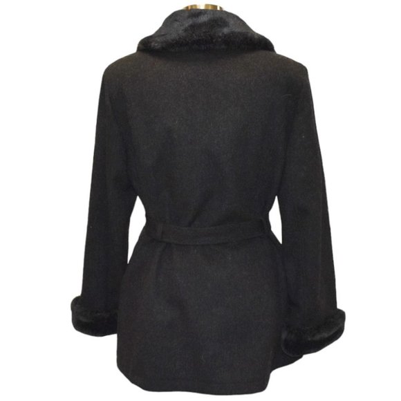 Charles Klein Dark Grey Wool with Black Faux Fur Belted Pea Coat * Size 12 - Picture 4 of 9